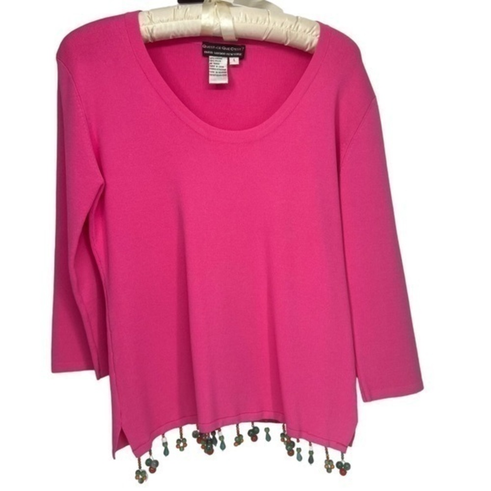 Quest-Ce Pink Knit Embellished Beaded Hem Pullover Sweater Top Size Large